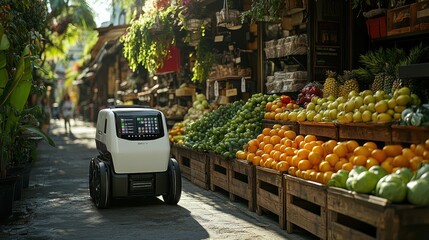 A white autonomous delivery robot on a cobblestone street in front of a fruit stand.