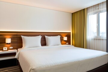 Affordable hotel room interior design with a white clean double bed. Value or Cheap hotel room concept.