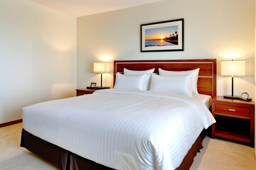 Affordable hotel room interior design with a white clean double bed. Value or Cheap hotel room concept.