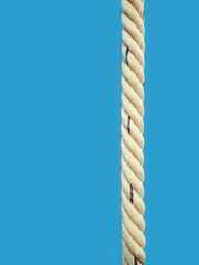 Thick yellow rope on blue background. Straight strong string cord. The concept of tenacity.