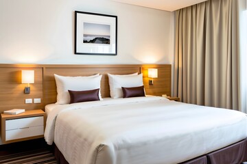 Affordable hotel room interior design with a white clean double bed. Value or Cheap hotel room concept.