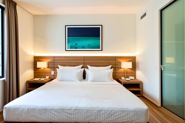 Affordable hotel room interior design with a white clean double bed. Value or Cheap hotel room concept.