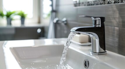 Closeup of a modern metal faucet with running water in a bathroom sink.