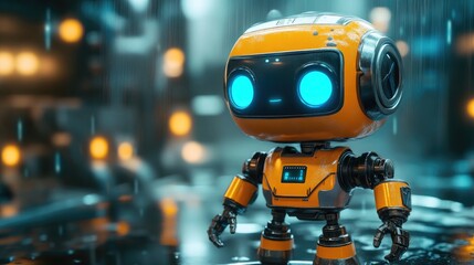 Futuristic Orange Industrial Robot with Blue Eyes in a Factory Environment, Perfect for Robotics, AI, and Automation Themes