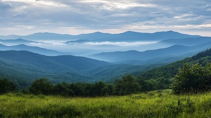 Obraz premium Expansive view of summer mountains with misty slopes in the distance.