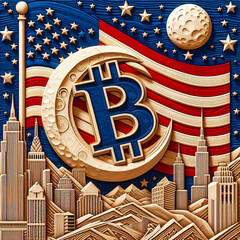 Bitcoinhochburg Amerika. Holzschnitzerei. Bitcoin ist eine durch Computer - Power digital erzeugte (schöpfen) Krypto Währung.