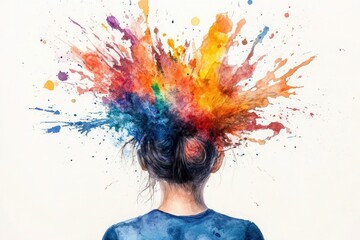 Naklejka premium Colorful Creativity: Woman with Watercolor-Painted Hair Symbolizing Innovation