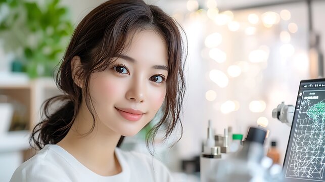 In this scenario, an Asian young female social media influencer uses her online platform to broadcast live videos where she reviews beauty products using generative AI technology