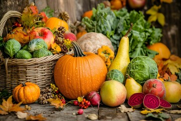 Autumn Harvest Mockup with Vegetables and Fruits. Beautiful scene with pumpkins, veggies, and fruits in a Thanksgiving setting, perfect for seasonal backgrounds, ads, and designs, mockup