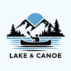 Illustration of an outdoor logo with a calm lake, canoe, and mountains