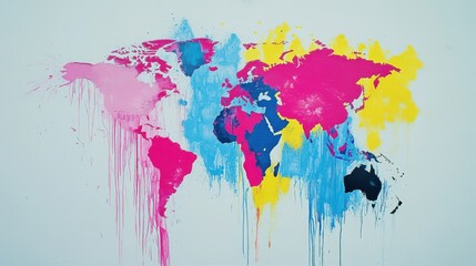 Fototapeta premium A detailed mural of a world map features vibrant pink, yellow, and blue paint. The artistic design shows melting paint drips, enhancing the colorful presentation in a creative space.