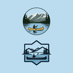Illustration of an outdoor logo with a calm lake, canoe, and mountains