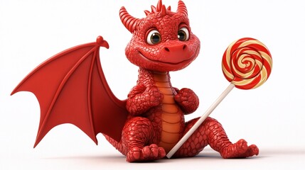 A cute red dragon holding a lollipop.