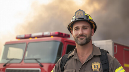 Confident Firefighter Beside Red Fire Truck in Smoke Filled Environment