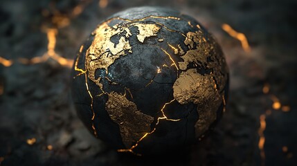 A Cracked Earth Globe Illuminated by Glowing Gold Fissures Representing Fragility, Resilience, and the Global Environmental Crisis.