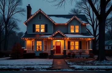 Fototapeta premium A cozy house decorated with bright lights