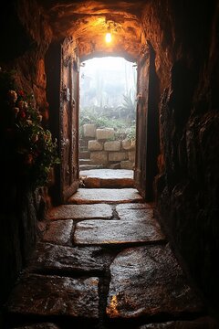 A poignant view from within Jesus' sepulcher, looking towards the stone resting at the entrance, with the historic grandeur of the basilica subtly illuminated in gentle light, evoking reverence 