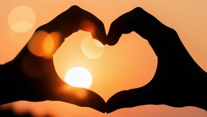 Fototapeta premium Hands in heart shape with sun rise background, love concept