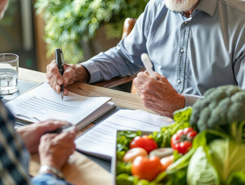 Nutrition consultation for elderly man seeking personalized diet plan to boost health and wellness, guided by a professional nutritionist. Protein-rich and vitamin-packed meals for balanced lifestyle.