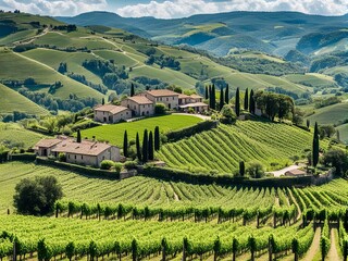 Fototapeta premium an illustration of Vineyard landscape with rolling hills, green vines, and distant mountains