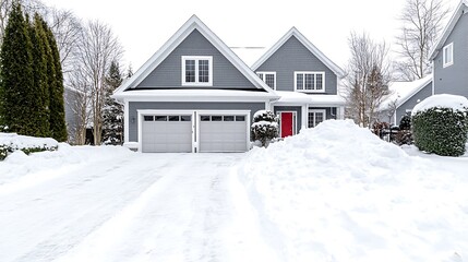 Snowy Suburban Home with Garage and Red Door