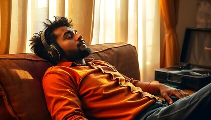 A man relaxing on a sofa with headphones on listening to music 