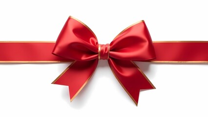 Fototapeta premium Red ribbon with gold trim, tied into an elegant bow, isolated on a white background
