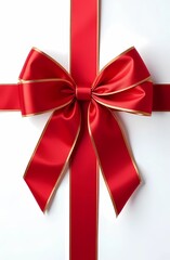 Red ribbon with gold trim, tied into an elegant bow, isolated on a white background