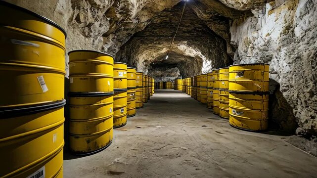 Camera moving along rows of yellow barrels inside tunnel