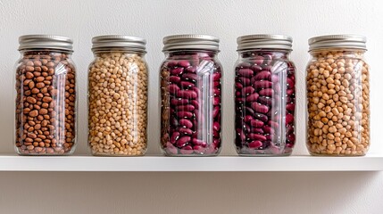 A collection of various legumes displayed in glass jars on a shelf, showcasing a colorful assortment of different beans.