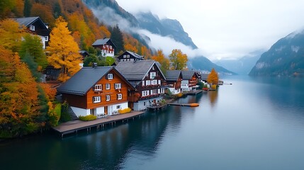 Fototapeta premium Picturesque Austrian Lake Village in Autumn