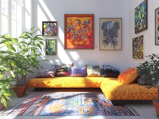 A vibrant living space featuring colorful art, cozy seating, and lush plants.