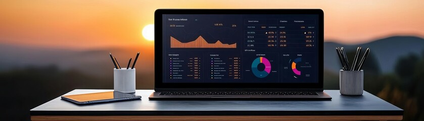 A modern laptop displaying analytical data against a sunset backdrop, symbolizing productivity and innovation in the business world.