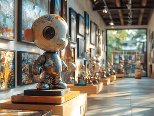 A vibrant art gallery showcasing sculptures and paintings with colorful designs.