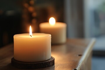A close-up of two burning candles on a wooden surface, their warm flames flickering gently in a soothing, ambient setting.