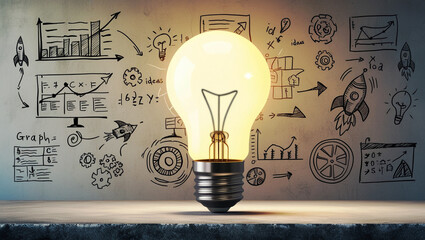 a light bulb with a drawing of a business card on the wall