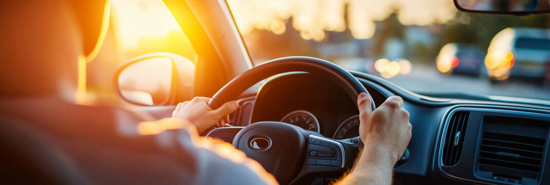 A focused view of a driver holding onto the steering wheel of a car, basking in warm, golden sunlight during commute.