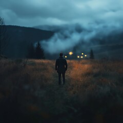 A lone individual walks toward glowing lights over misty hills, embodying solitude and the journey of life.