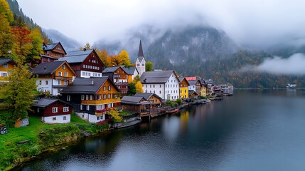 Picturesque Village nestled by the lake in the Austrian Alps