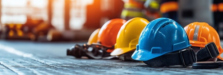 A row of colorful safety helmets lies on the ground of a construction site indicating preparedness and safety measures.