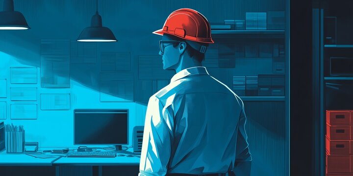 An artistic depiction of an engineer with a red hard hat stands in an office setting, symbolizing innovation and design.