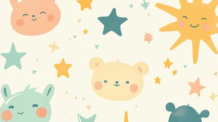 Cute bear, bunny, and sun smiling among colorful stars: a sweet baby background