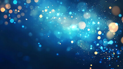 Obraz premium A vibrant abstract background in shades of blue, featuring a soft bokeh effect with glowing circular light particles scattered across the image, creating a dreamy and ethereal atmosphere.