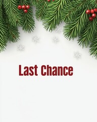 Last Chance Christmas Sale Banner Concept. A festive design featuring a "Last Chance" message, adorned with green pine branches and red berries, set against a white background