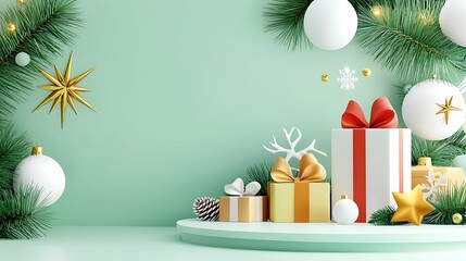A festive scene featuring colorful gifts, ornaments, and greenery set against a mint green background, ideal for Christmas celebrations.