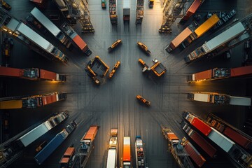 Aerial View of Large Container Yard with Trucks and Cranes