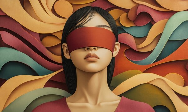 Woman with red blindfold, abstract background.