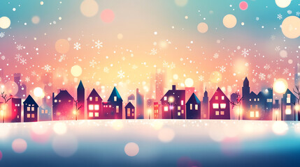 Festive cityscape with colorful buildings, snow, and stars in night sky. scene evokes warm holiday spirit, perfect for winter celebrations Christmas New Year festive seasonal