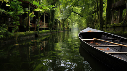 A serene wooden boat floats along a tranquil, green river lined with lush vegetation in a remote area during the early morning
