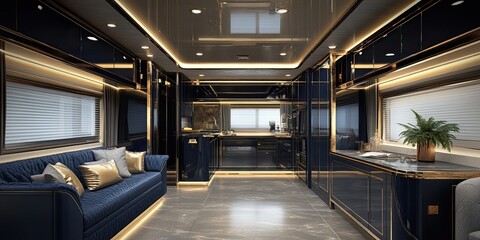 interior modern dark blue and gold trailer house with luxury furniture set and elegant ceiling 
